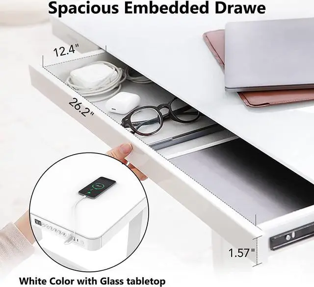 Alt view image 4 of 6 - PrimeCables Glass Electric Standing Desk with Drawer Charging USB Port, All-in-One 47" Sit Stand Desk Height Adjustable from 29.5 to 47 in