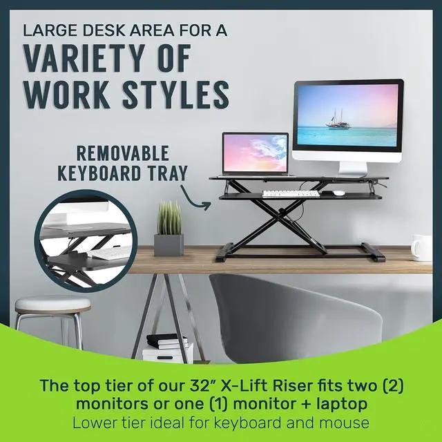 Alt view image 6 of 7 - Standing Desk Converter - 32 Inch Adjustable Sit to Stand Up Desk Workstation, Particle Board, Dual Monitor Desk Riser with Keyboard Tray, Desktop Riser for Home Office Laptop, Black 32"