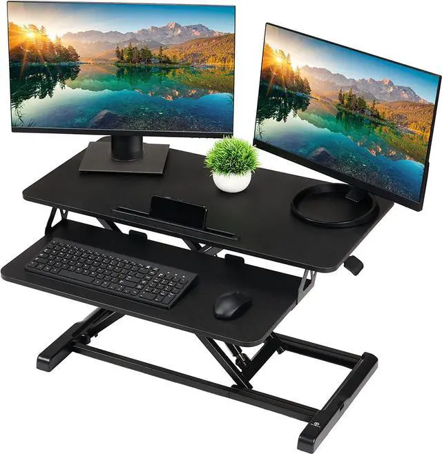 Main image of Standing Desk Converter - 32 Inch Adjustable Sit to Stand Up Desk Workstation, Particle Board, Dual Monitor Desk Riser with Keyboard Tray, Desktop Riser for Home Office Laptop, Black 32"