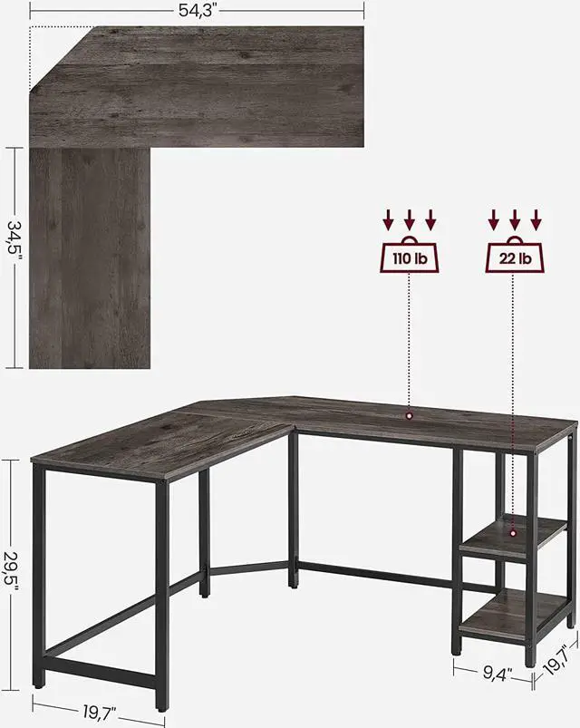 Alt view image 3 of 7 - VASAGLE L-Shaped Computer Desk, Corner Desk, 54-Inch Writing Study Workstation, Charcoal Gray and Black ULWD072B04