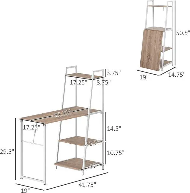 Alt view image 3 of 7 - HOMCOM Foldable Computer Desk with Storage, Home Office Desk with Shelves for PC Laptop Gaming Station Study Workstation, White, Natural