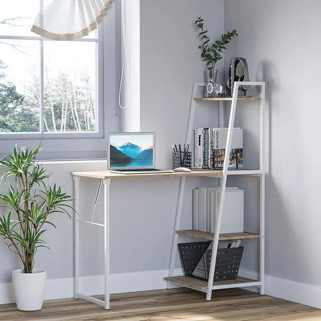 Alt view image 4 of 7 - HOMCOM Foldable Computer Desk with Storage, Home Office Desk with Shelves for PC Laptop Gaming Station Study Workstation, White, Natural