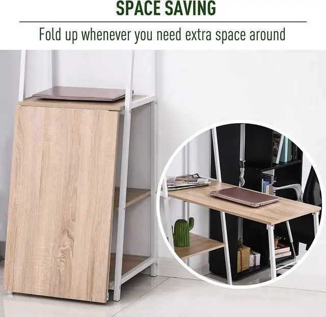 Alt view image 5 of 7 - HOMCOM Foldable Computer Desk with Storage, Home Office Desk with Shelves for PC Laptop Gaming Station Study Workstation, White, Natural