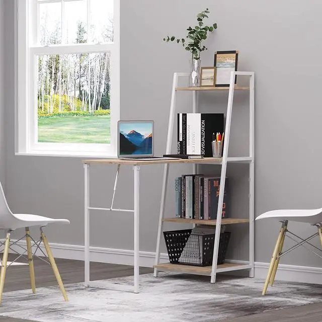 Alt view image 2 of 7 - HOMCOM Foldable Computer Desk with Storage, Home Office Desk with Shelves for PC Laptop Gaming Station Study Workstation, White, Natural