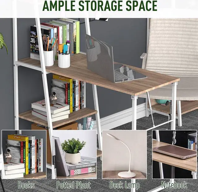 Alt view image 7 of 7 - HOMCOM Foldable Computer Desk with Storage, Home Office Desk with Shelves for PC Laptop Gaming Station Study Workstation, White, Natural