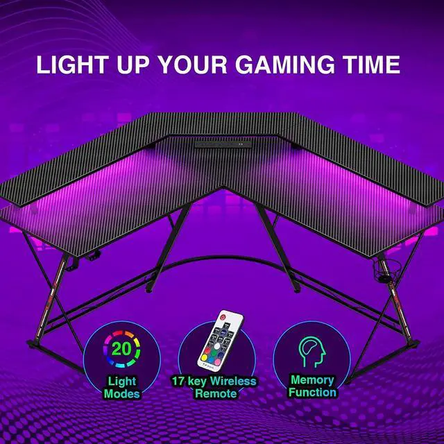 Alt view image 4 of 7 - L Shaped Gaming Desk with LED Lights & Power Outlets, 50.4 Computer Desk with Monitor Stand & Carbon Fiber Surface, Corner Desk with Cup Holder, Gaming Table with Hooks, Black