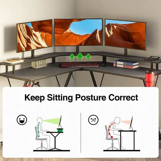 Alt view image 7 of 7 - L Shaped Gaming Desk with LED Lights & Power Outlets, 50.4 Computer Desk with Monitor Stand & Carbon Fiber Surface, Corner Desk with Cup Holder, Gaming Table with Hooks, Black