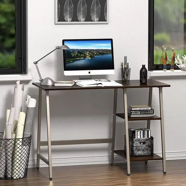 Alt view image 6 of 7 - SHW Ivy Trestle Home Office Computer Desk with Storage Shelves, 43-Inch, Espresso