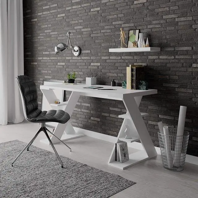 Alt view image 2 of 7 - JV Home Papillon Collection White 55 inch Office Desk Long Home Office Table for Study,Work, Laptop, Writing Table, Workstation