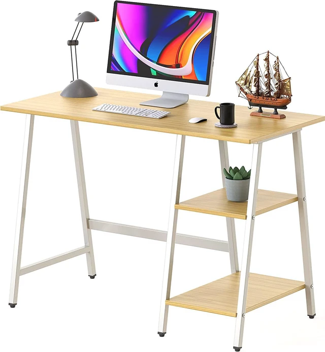 Main image of SHW Ivy Trestle Desk with Storage Shelves for Home/Office, 43-Inch, Oak