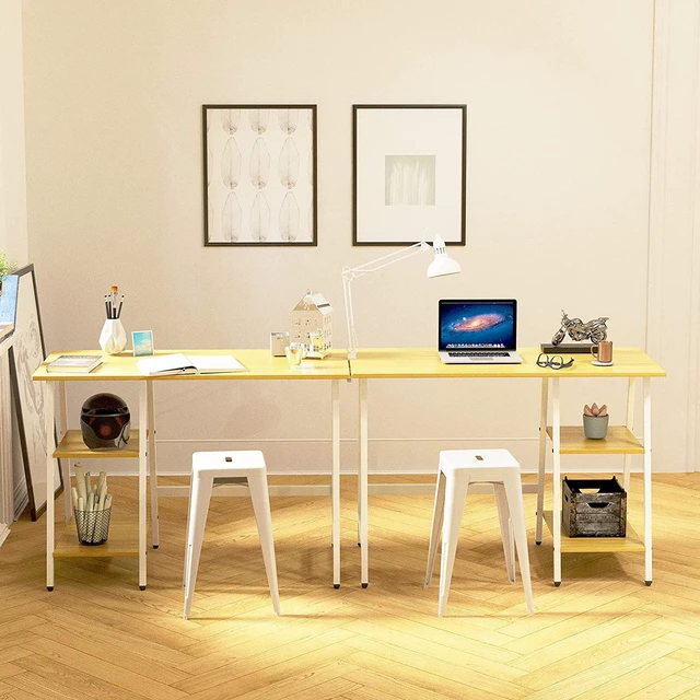 Alt view image 2 of 7 - SHW Ivy Trestle Desk with Storage Shelves for Home/Office, 43-Inch, Oak
