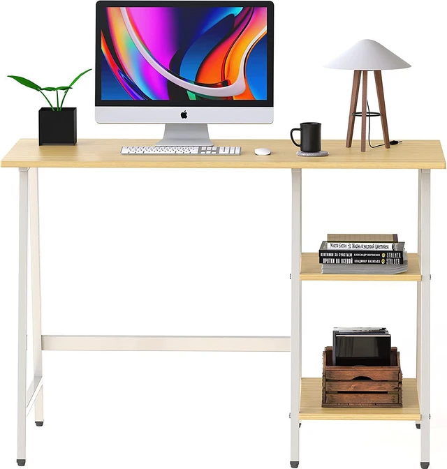 Alt view image 4 of 7 - SHW Ivy Trestle Desk with Storage Shelves for Home/Office, 43-Inch, Oak