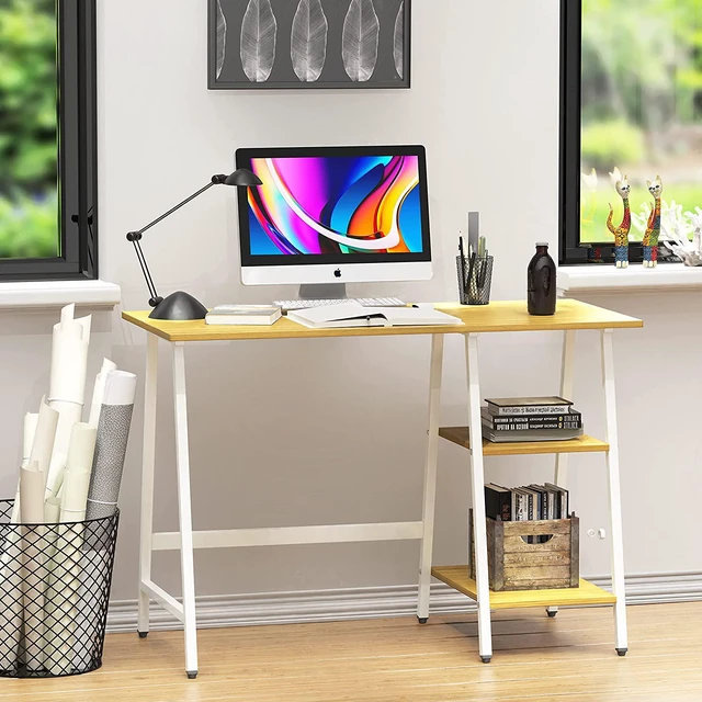 Alt view image 6 of 7 - SHW Ivy Trestle Desk with Storage Shelves for Home/Office, 43-Inch, Oak