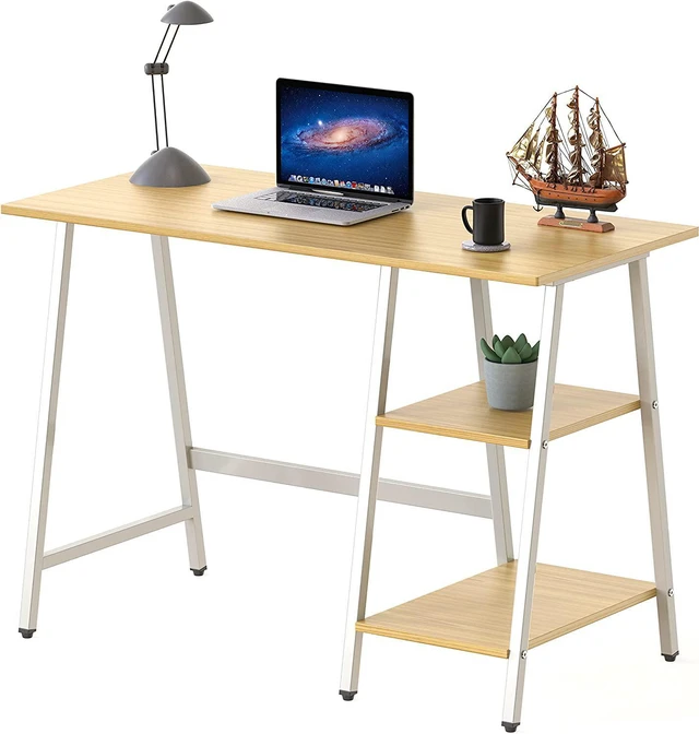 Alt view image 7 of 7 - SHW Ivy Trestle Desk with Storage Shelves for Home/Office, 43-Inch, Oak