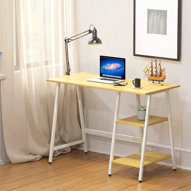 Alt view image 5 of 7 - SHW Ivy Trestle Desk with Storage Shelves for Home/Office, 43-Inch, Oak