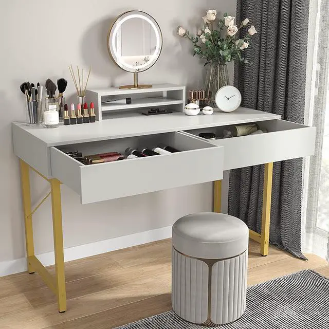 Alt view image 2 of 7 - WESTREE Women Makeup Vanity Desk Without Mirror White - Bedroom Home Office Desk with Drawer, Wooden Height Monitor Stand & Storage Shelf, Great Gift for Your Kids