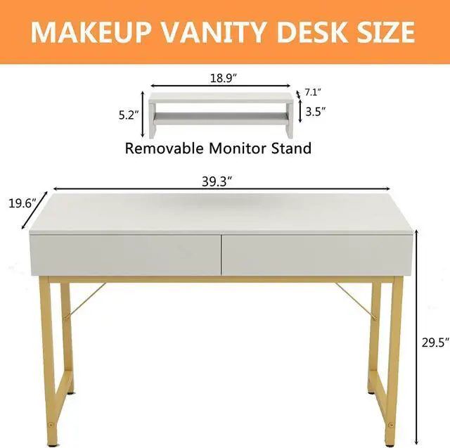 Alt view image 3 of 7 - WESTREE Women Makeup Vanity Desk Without Mirror White - Bedroom Home Office Desk with Drawer, Wooden Height Monitor Stand & Storage Shelf, Great Gift for Your Kids