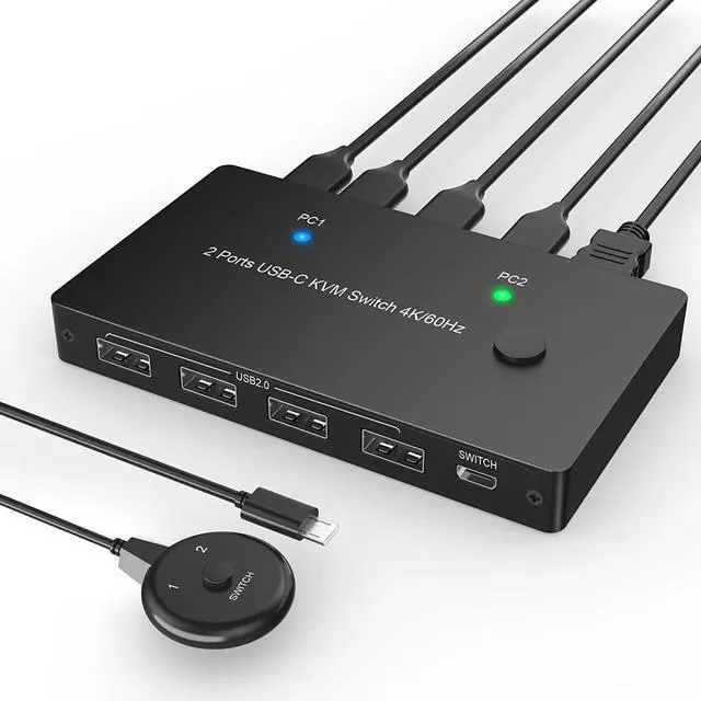 Main image of USB C KVM Switch 4K@60Hz, USB C Switcher for 2 Computers Share 1 HDMI HD Monitor and 4 USB Devices, with 100W Power Delivery, USB-C Switch with USB-C Cable, HDMI 2.0 Cable