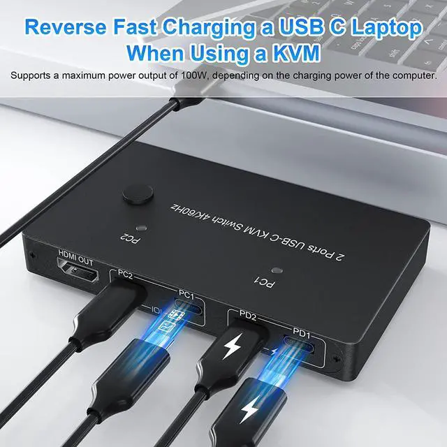 Alt view image 5 of 7 - USB C KVM Switch 4K@60Hz, USB C Switcher for 2 Computers Share 1 HDMI HD Monitor and 4 USB Devices, with 100W Power Delivery, USB-C Switch with USB-C Cable, HDMI 2.0 Cable