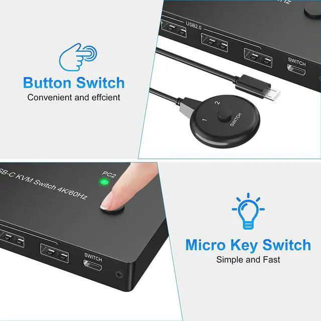 Alt view image 7 of 7 - USB C KVM Switch 4K@60Hz, USB C Switcher for 2 Computers Share 1 HDMI HD Monitor and 4 USB Devices, with 100W Power Delivery, USB-C Switch with USB-C Cable, HDMI 2.0 Cable