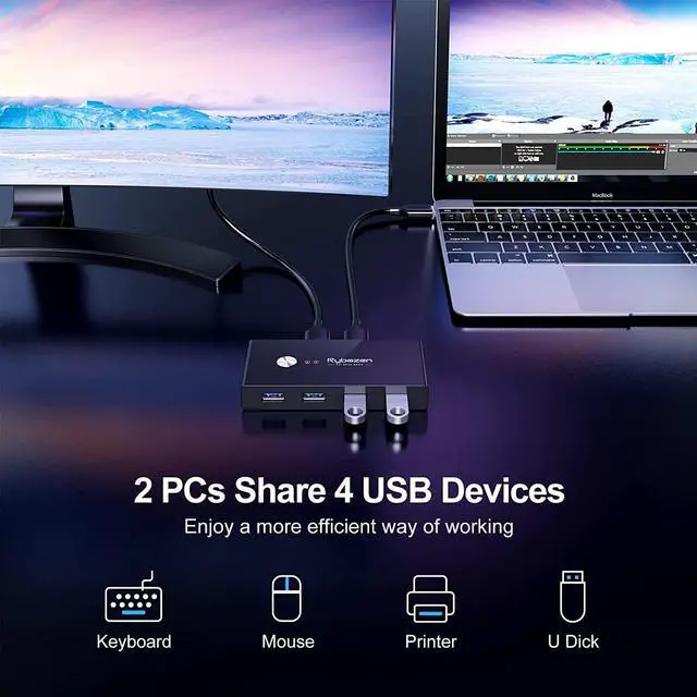 Alt view image 2 of 7 - USB 3.0 Switch Selector,KVM Switch Adapter 2 Computer Sharing 4 USB Devices, Peripheral Hub Box for Mouse Keyboard Scanner Printer PC, with One Button Swapping and 2 Pack USB 3.0 Cable
