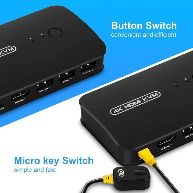 Alt view image 4 of 7 - DGODRT HDMI USB KVM Switch 2 Port Selector Box for 2 Computers Share Keyboard Mouse Printer and 1 HD 4K Monitor, 2 KVM Cables Included