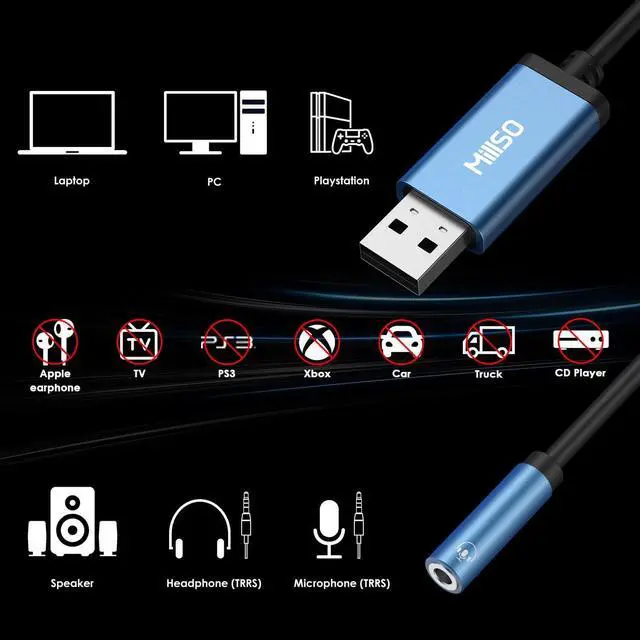 Alt view image 4 of 7 - USB to 3.5mm Audio Jack Adapter Sapphire Blue TRRS USB to AUX Audio Jack External Stereo Sound Card for Headphone Speaker PS4 PS5 PC Laptop Desktops - 1 Feet