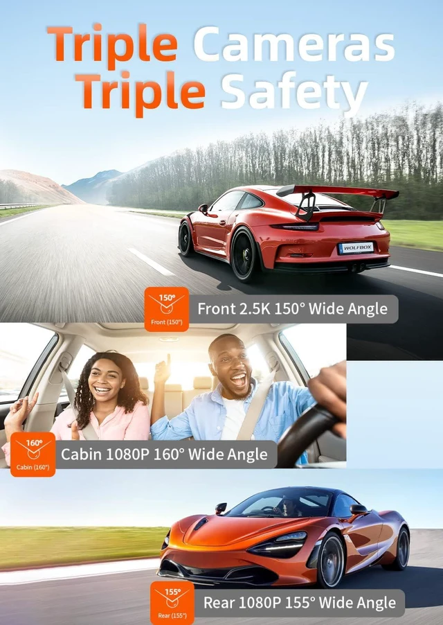 Alt view image 2 of 7 - WOLFBOX i07 Dash Cam, 3 Channel Dash Cam Built in WiFi GPS, 4K+1080P Dash Camera Front and Inside, 2K 1440P+1080P+1080P, 3" LCD Super IR Night Vision, 24 Hours Parking Monitor, Support 128GB Max