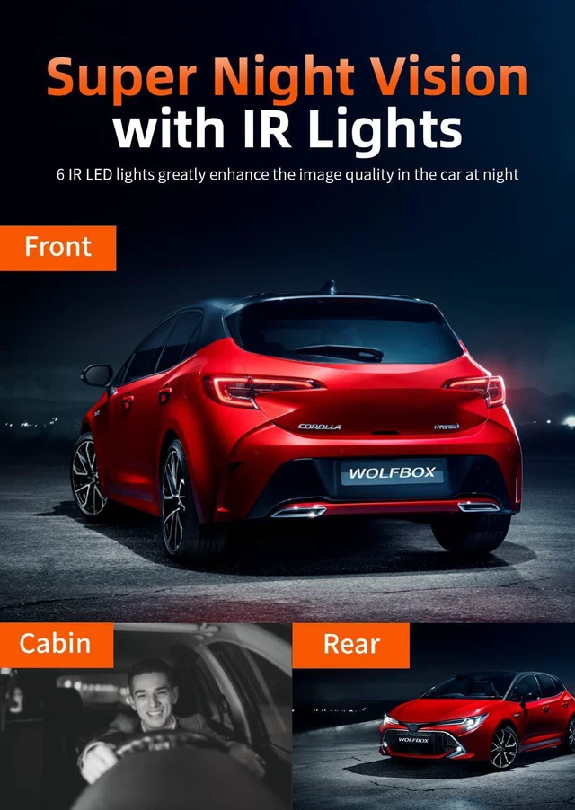 Alt view image 4 of 7 - WOLFBOX i07 Dash Cam, 3 Channel Dash Cam Built in WiFi GPS, 4K+1080P Dash Camera Front and Inside, 2K 1440P+1080P+1080P, 3" LCD Super IR Night Vision, 24 Hours Parking Monitor, Support 128GB Max