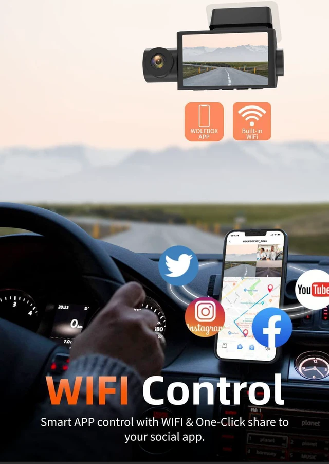 Alt view image 6 of 7 - WOLFBOX i07 Dash Cam, 3 Channel Dash Cam Built in WiFi GPS, 4K+1080P Dash Camera Front and Inside, 2K 1440P+1080P+1080P, 3" LCD Super IR Night Vision, 24 Hours Parking Monitor, Support 128GB Max