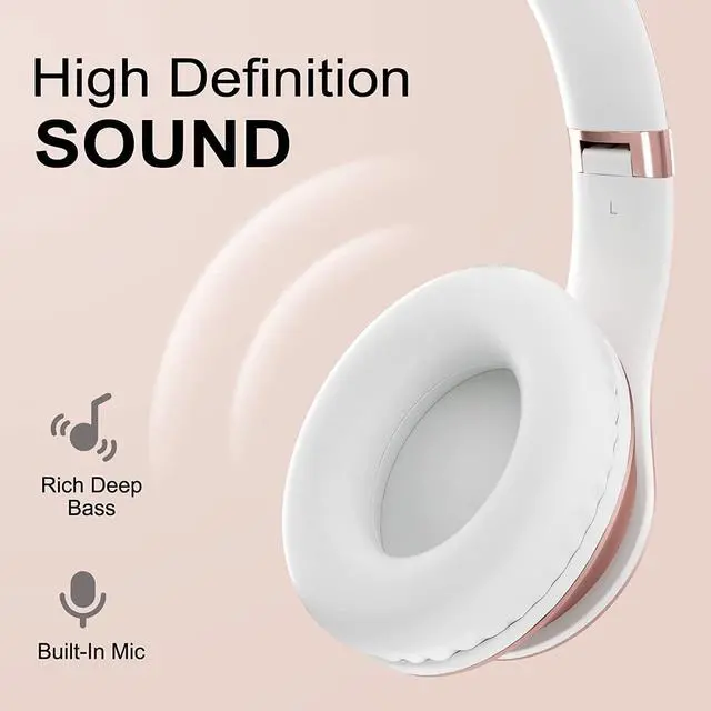 Alt view image 2 of 7 - Wireless Bluetooth Headphones Over Ear Glynzak 65H Playtime HiFi Stereo Headset with Microphone and 6EQ Modes Foldable Bluetooth V5.3 Headphones for Travel Smartphone Computer Laptop Rose Gold