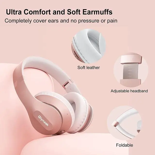 Alt view image 5 of 7 - Wireless Bluetooth Headphones Over Ear Glynzak 65H Playtime HiFi Stereo Headset with Microphone and 6EQ Modes Foldable Bluetooth V5.3 Headphones for Travel Smartphone Computer Laptop Rose Gold