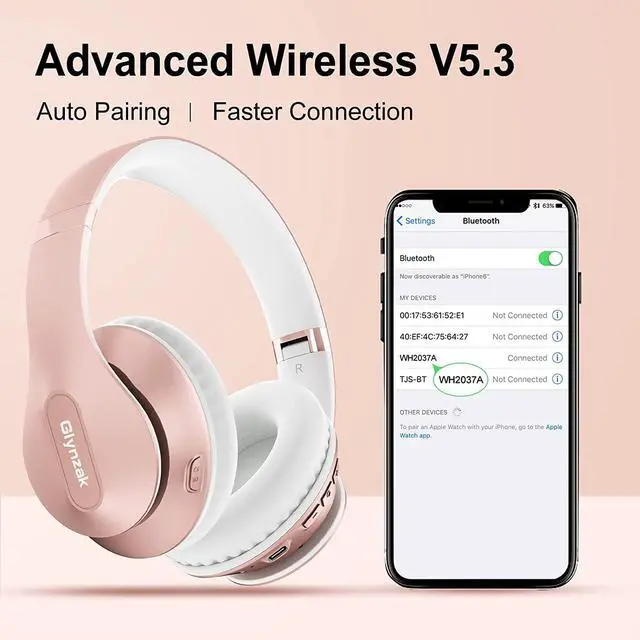 Alt view image 4 of 7 - Wireless Bluetooth Headphones Over Ear Glynzak 65H Playtime HiFi Stereo Headset with Microphone and 6EQ Modes Foldable Bluetooth V5.3 Headphones for Travel Smartphone Computer Laptop Rose Gold