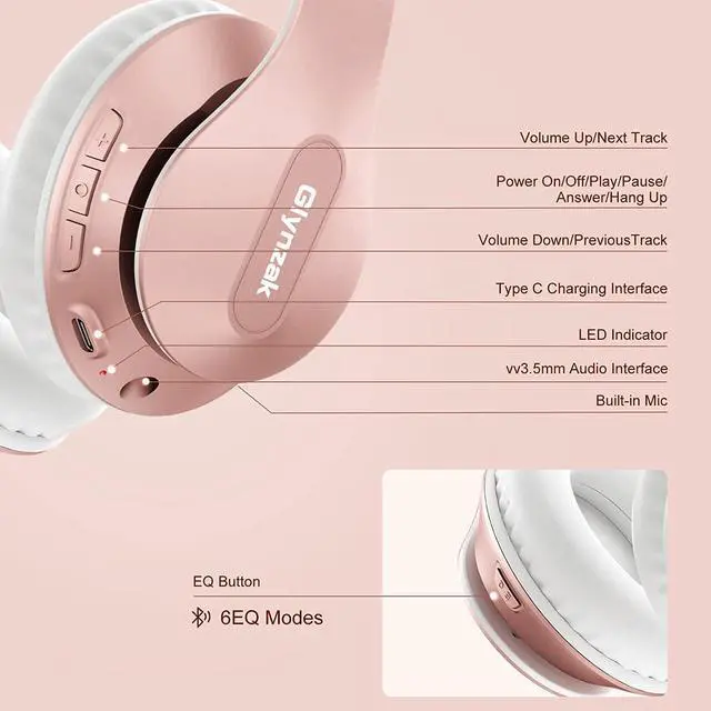 Alt view image 7 of 7 - Wireless Bluetooth Headphones Over Ear Glynzak 65H Playtime HiFi Stereo Headset with Microphone and 6EQ Modes Foldable Bluetooth V5.3 Headphones for Travel Smartphone Computer Laptop Rose Gold
