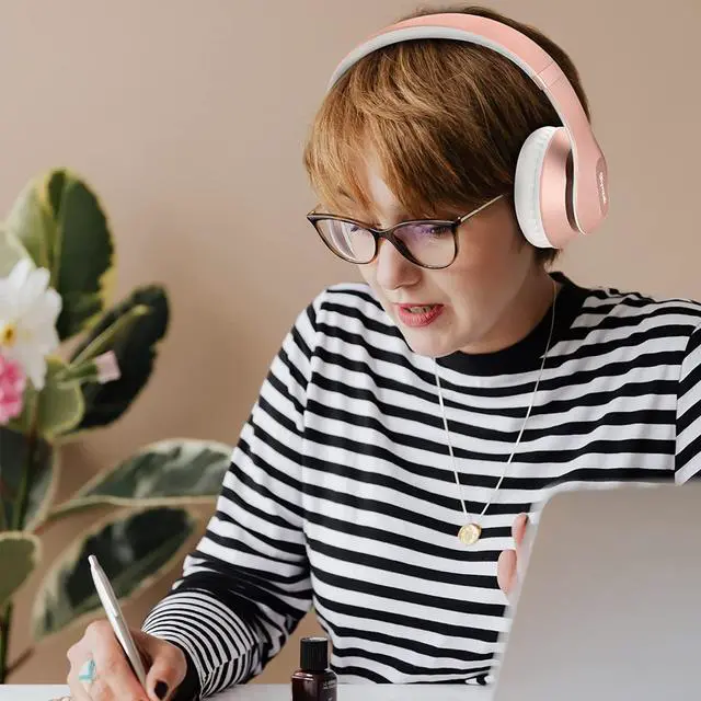 Alt view image 6 of 7 - Wireless Bluetooth Headphones Over Ear Glynzak 65H Playtime HiFi Stereo Headset with Microphone and 6EQ Modes Foldable Bluetooth V5.3 Headphones for Travel Smartphone Computer Laptop Rose Gold