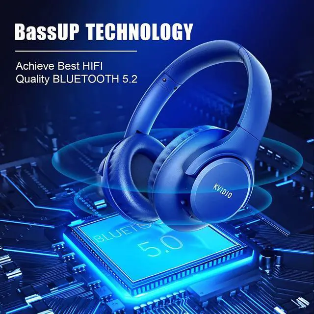 Alt view image 2 of 7 - Bluetooth Headphones Over Ear,KVIDIO 55 Hours Playtime Wireless Headphones with Microphone,Foldable Lightweight Headset with Deep Bass,HiFi Stereo Sound for Travel Work Laptop PC Cellphone (Blue)
