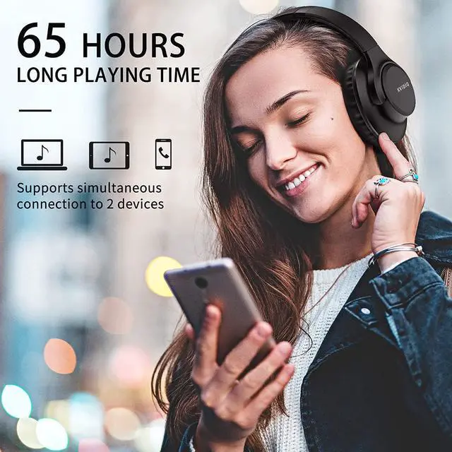 Alt view image 2 of 7 - KVIDIO [Updated Bluetooth Headphones Over Ear, 65 Hours Playtime Wireless Headphones with Microphone,Foldable Lightweight Headset with Deep Bass,HiFi Stereo Sound for Travel Work Cellphone