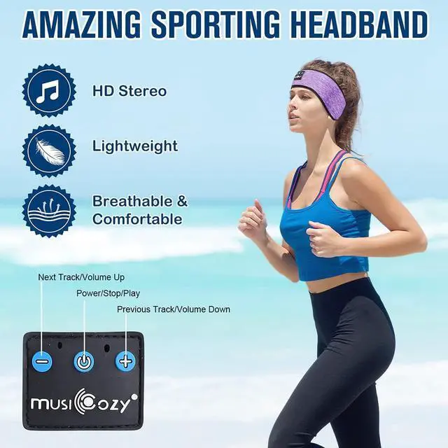 Alt view image 2 of 7 - MUSICOZY Bluetooth Headband Sports Sleep Headphones, Wireless Music Sleeping Headphones Sleep Eye Mask Earbuds IPX6 Waterproof for Side Sleepers Workout Running Insomnia Travel Yoga Office, Purple