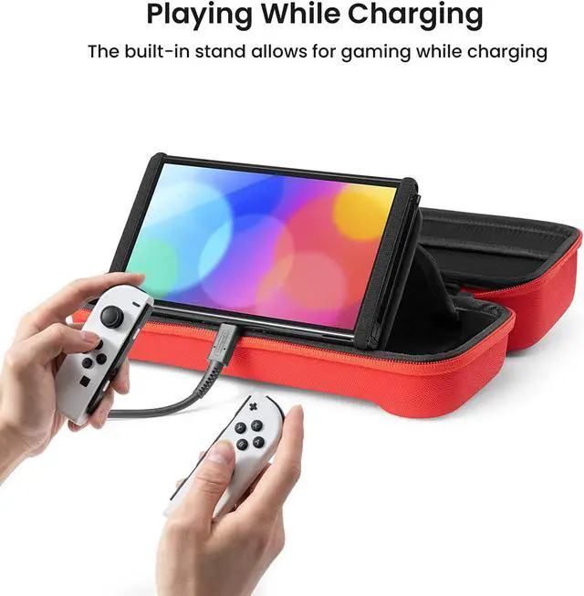 Alt view image 4 of 7 - tomtoc Carrying Case for Nintendo Switch/OLED Model, Large Travel Switch Case with Pocket for Joy-con Grip, AC Adapter, Protective Portable Carry Case with 24 Game Cartridges and Stand, Red