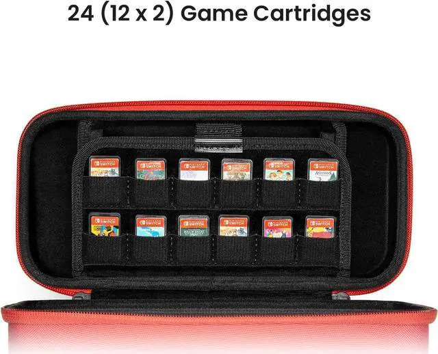 Alt view image 6 of 7 - tomtoc Carrying Case for Nintendo Switch/OLED Model, Large Travel Switch Case with Pocket for Joy-con Grip, AC Adapter, Protective Portable Carry Case with 24 Game Cartridges and Stand, Red