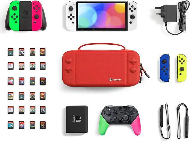 Alt view image 7 of 7 - tomtoc Carrying Case for Nintendo Switch/OLED Model, Large Travel Switch Case with Pocket for Joy-con Grip, AC Adapter, Protective Portable Carry Case with 24 Game Cartridges and Stand, Red