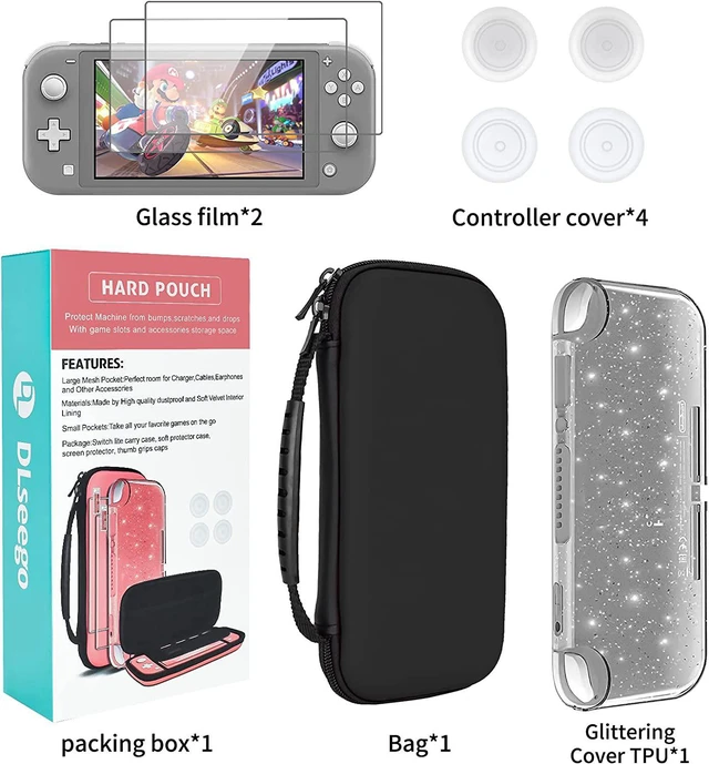 Alt view image 7 of 7 - DLseego Carrying Case for Nintendo Switch lite, Newest Design Portable Travel Carrying Case 4 in 1 Accessories Kit with 1 Pcs Glitter case, 2 Pcs Screen Protectors and 4 PcsThumb Grips Caps - Black