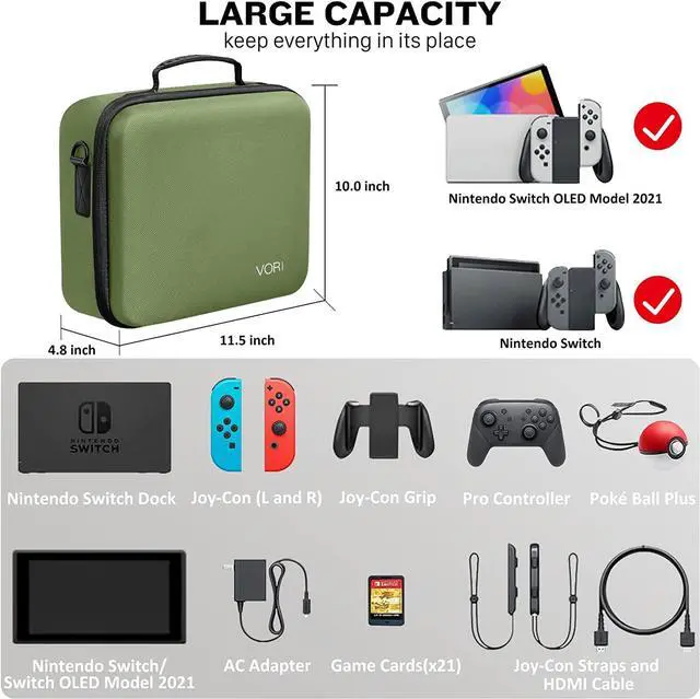 Alt view image 2 of 7 - VORI Carrying Case for Nintendo Switch/Switch OLED Model (2021), Hard Travel Storage Protective Case with Handle and Shoulder Strap for Pro Controller, Poke Ball Plus and Switch Accessories, Green