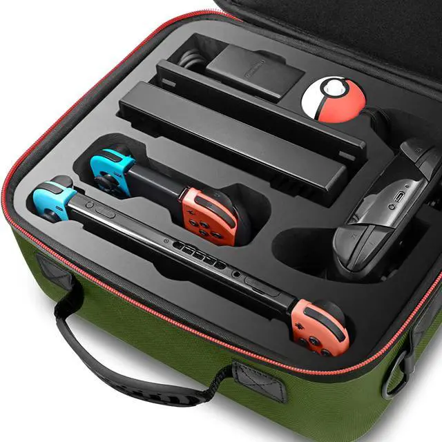 Alt view image 5 of 7 - VORI Carrying Case for Nintendo Switch/Switch OLED Model (2021), Hard Travel Storage Protective Case with Handle and Shoulder Strap for Pro Controller, Poke Ball Plus and Switch Accessories, Green