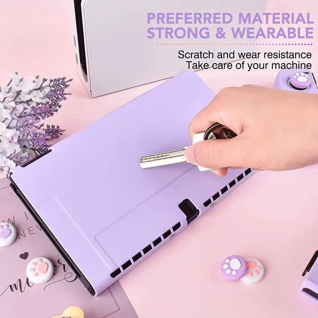 Alt view image 4 of 7 - DLseego Switch OLED Protective Case Dockable Hard Shell Anti-Scratch Cover Joycon Accessory Skin with 6PCS Thumb Grips Caps and 2Pc Screen Protectors -- Purple