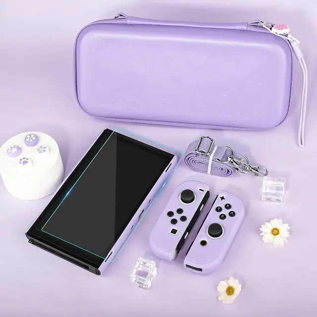 Alt view image 3 of 7 - FANPL Case bundle for Nintendo Switch OLED Accessories, Carrying Case for Switch OLED and Joy Con Controller with Hard Flip Protective Case and Screen protector, 4 Thumb Grips, Shoulder Strap (Purple)