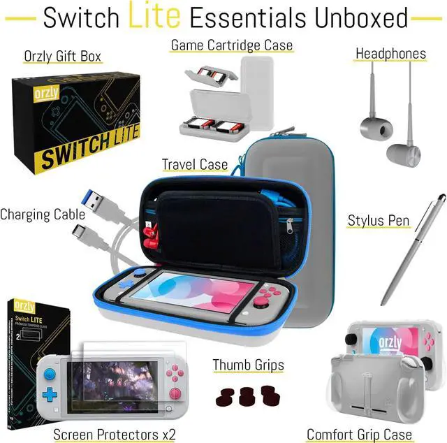 Alt view image 3 of 7 - Orzly Switch Lite Accessories Bundle - Case & Screen Protector for Nintendo Switch Lite Console, USB Cable, Games Holder, Grip Case, Headphones, Thumb-Grip Pack & More (Gift Pack - Z&Z Edition)
