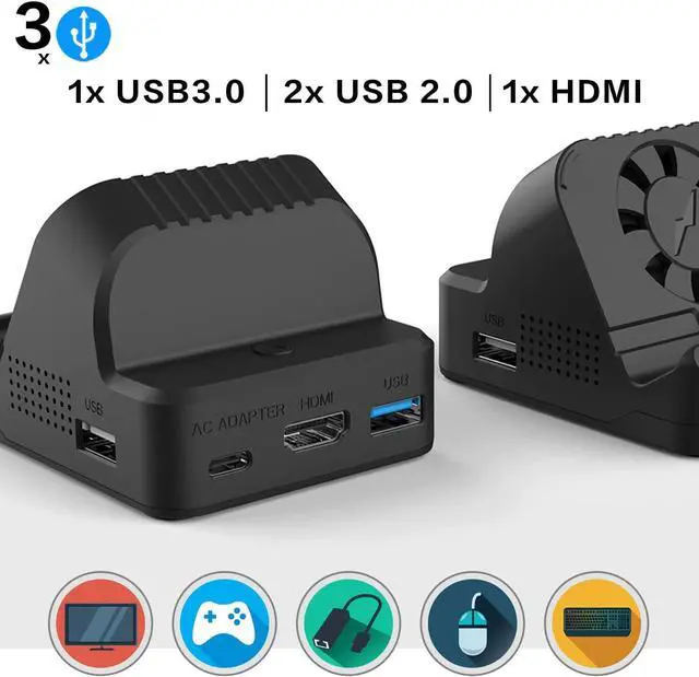 Alt view image 3 of 7 - Switch Dock for Nintendo, TV Switch Docking Station Portable Switch Dock to TV for Nintendo Switch/Nintendo Switch OLED Model with USB 3.0 Port and Cooling Fan (Black)