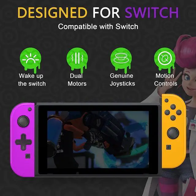 Alt view image 2 of 7 - Wireless Joy Con Compatible for Nintendo Switch/OLED/Lite, Switch Joycon Support Wake-up Function and 6-Axis Gyro with Grip and Straps (Purple and Orange)
