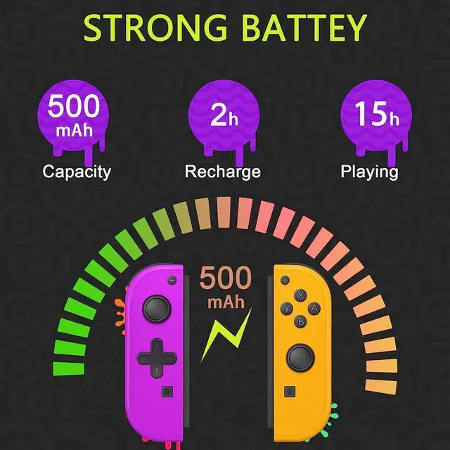 Alt view image 6 of 7 - Wireless Joy Con Compatible for Nintendo Switch/OLED/Lite, Switch Joycon Support Wake-up Function and 6-Axis Gyro with Grip and Straps (Purple and Orange)